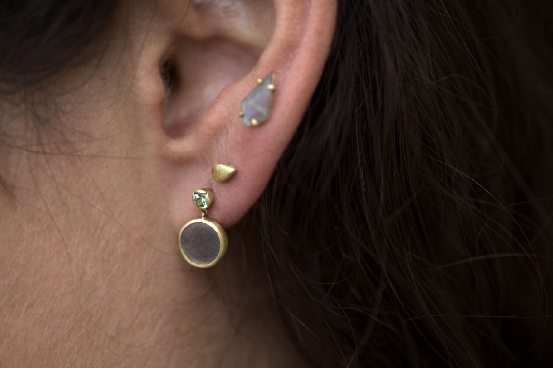 iridescent labradorite and gold ear stack