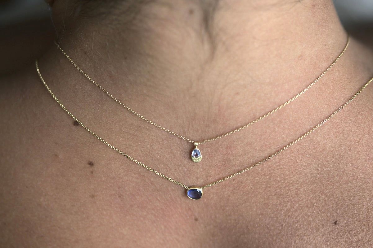 close up of two blue sapphire handmade necklaces, Heidi Hockenjos